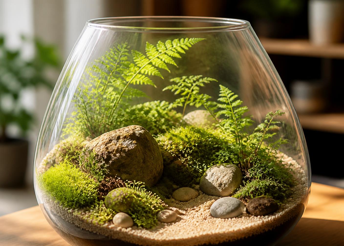 Terrário de vidro com musgo, samambaias e pedras sobre mesa de madeira